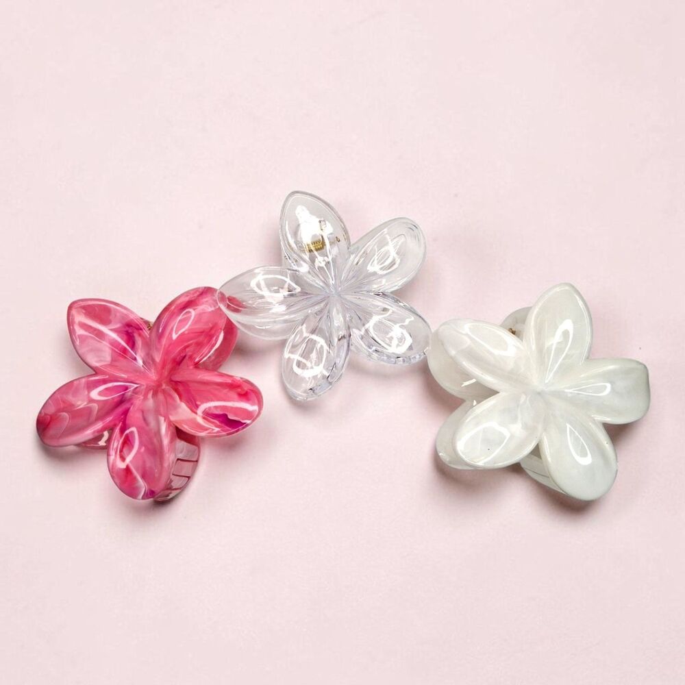 Kawaii Floral Hair Claw Clip Set - Plumeria Flower Swirl Pink Clear White